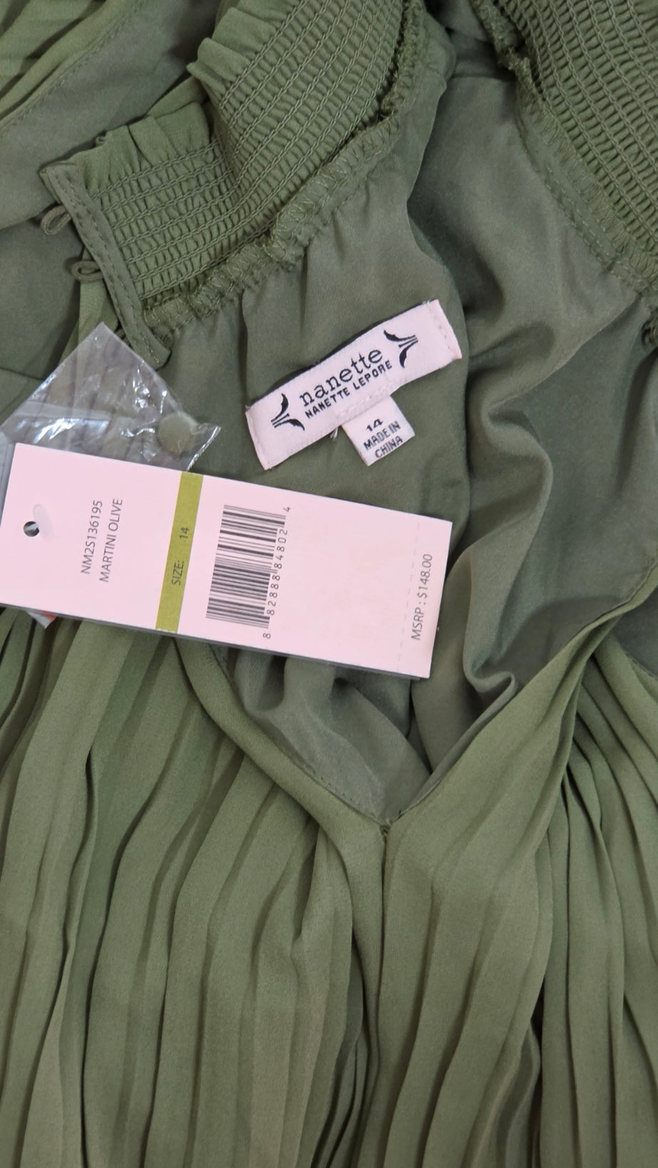 Nanette Lepore Olive Pleated Midi Dress – Size 14 NWT
