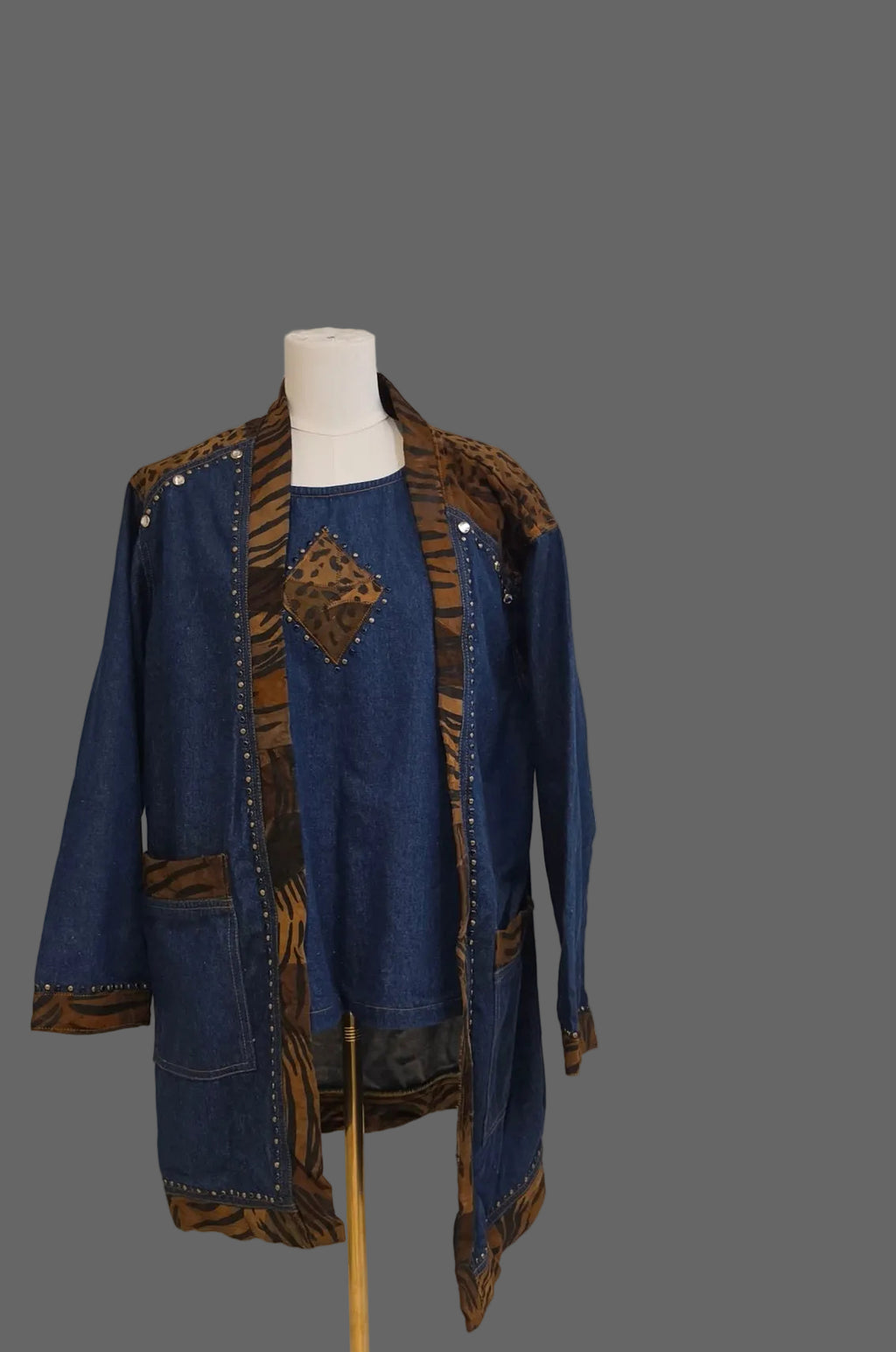 Mona T Denim Animal Print Studded Jacket & Top 2 Piece Set