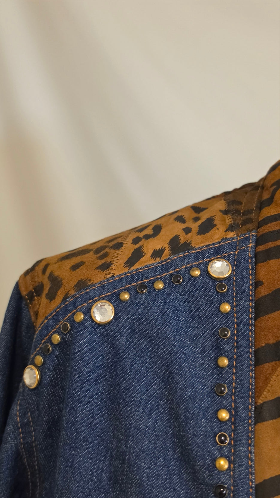 Mona T Denim Animal Print Studded Jacket & Top 2 Piece Set