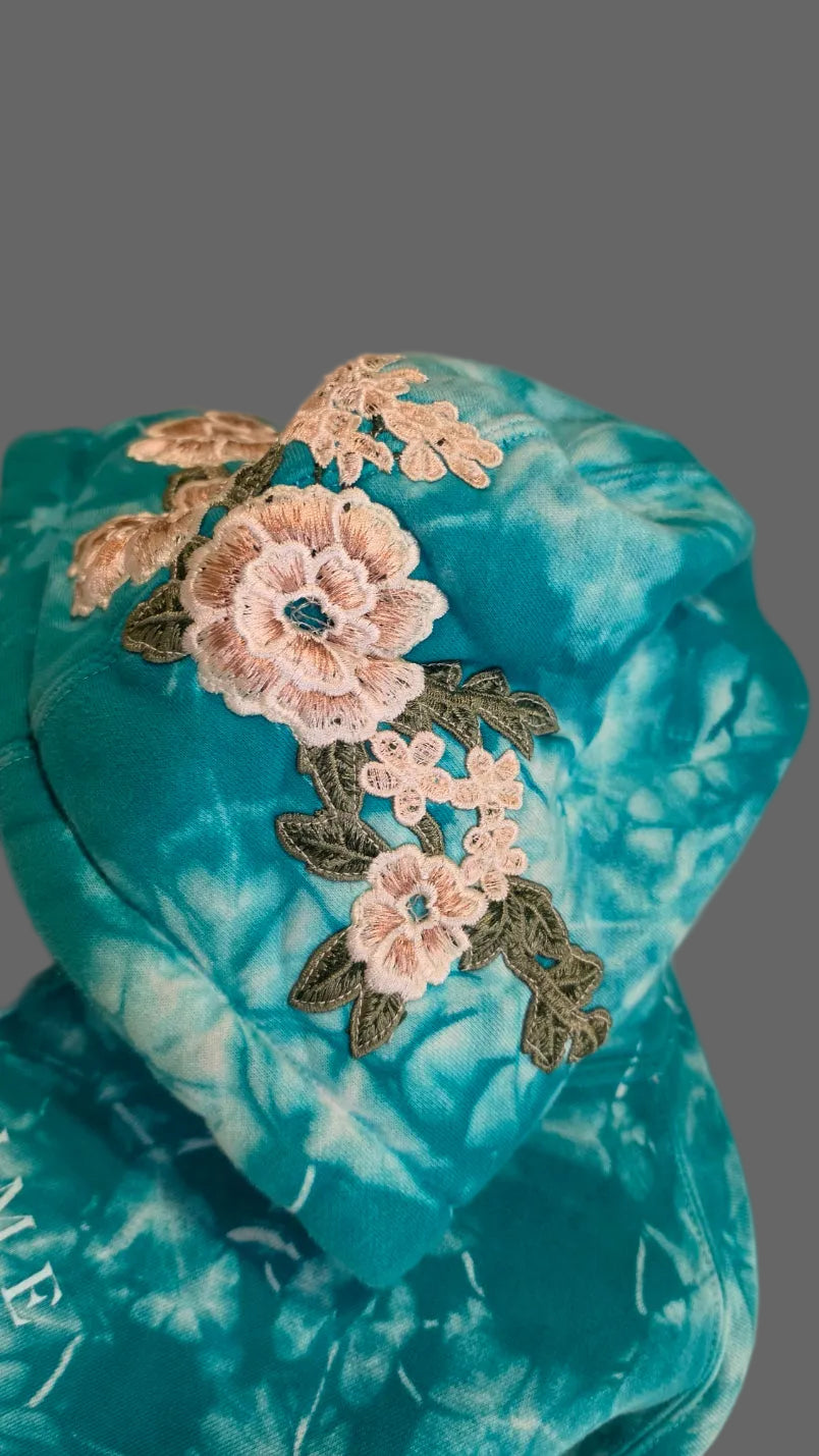 Civil Regime Teal Tie Dye Floral Embroidered Pullover Hoodie