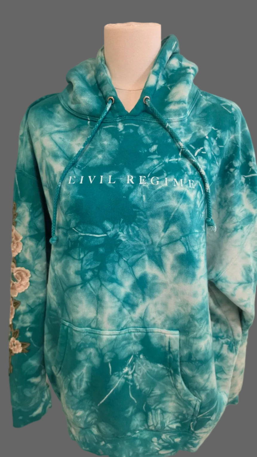 Civil Regime Teal Tie Dye Floral Embroidered Pullover Hoodie