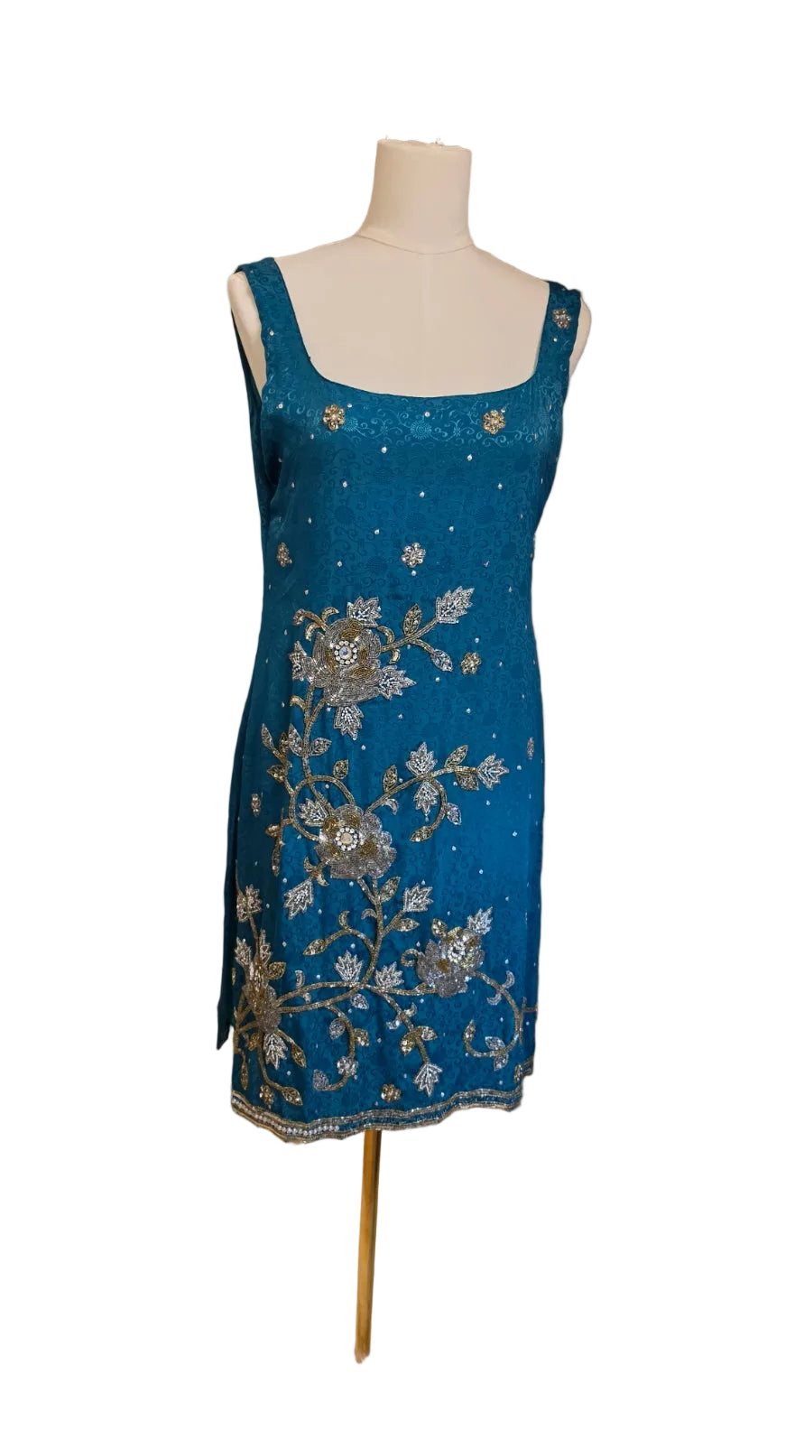 Teal Blue Beaded Floral Embroidered Sleeveless Midi Dress Side Slits
