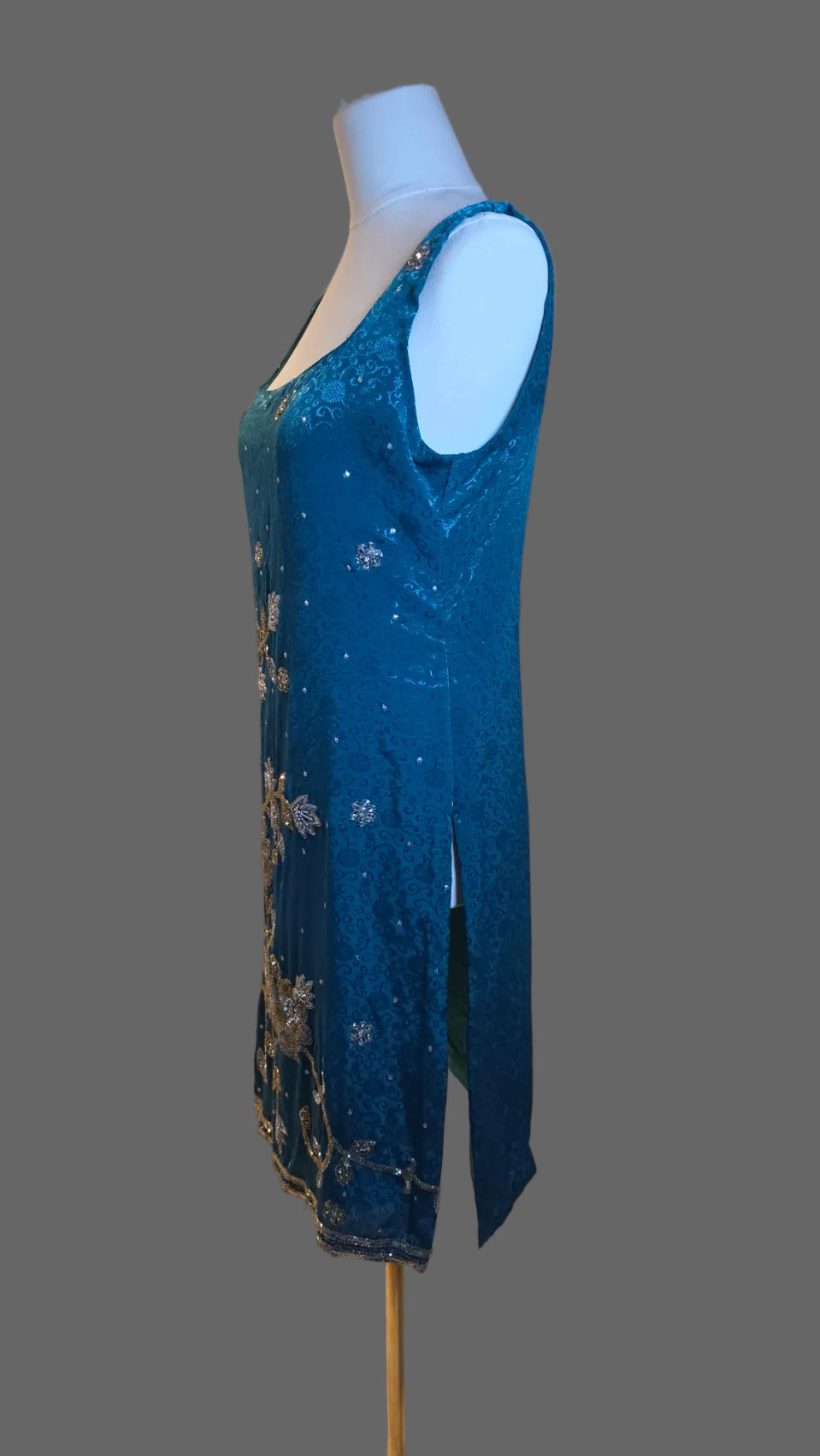Teal Blue Beaded Floral Embroidered Sleeveless Midi Dress Side Slits