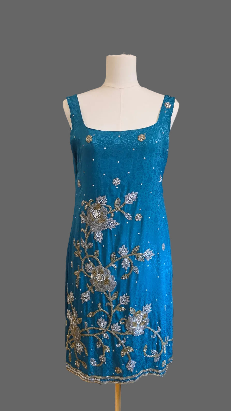 Teal Blue Beaded Floral Embroidered Sleeveless Midi Dress Side Slits