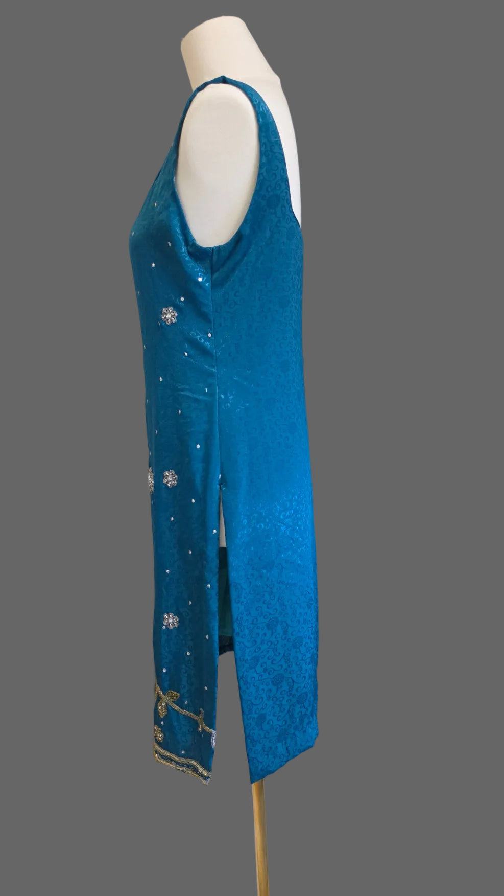 Teal Blue Beaded Floral Embroidered Sleeveless Midi Dress Side Slits