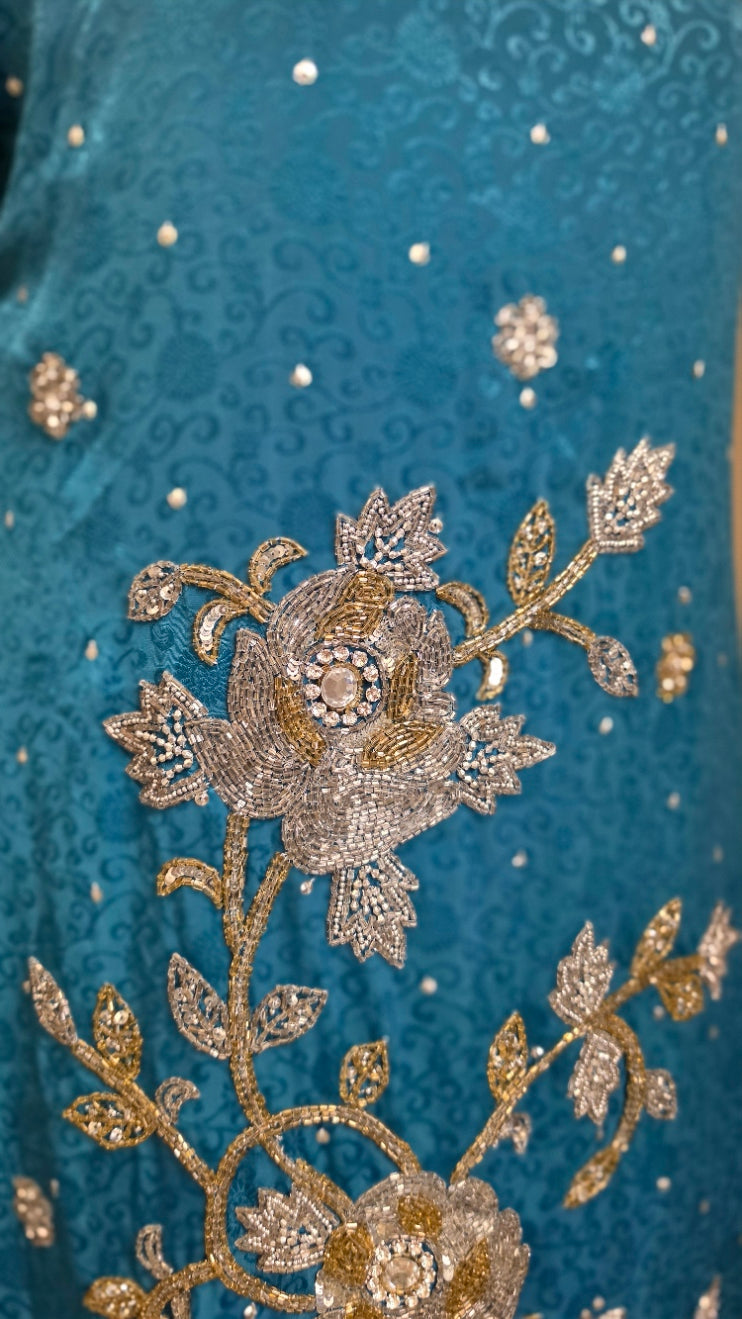 Teal Blue Beaded Floral Embroidered Sleeveless Midi Dress Side Slits