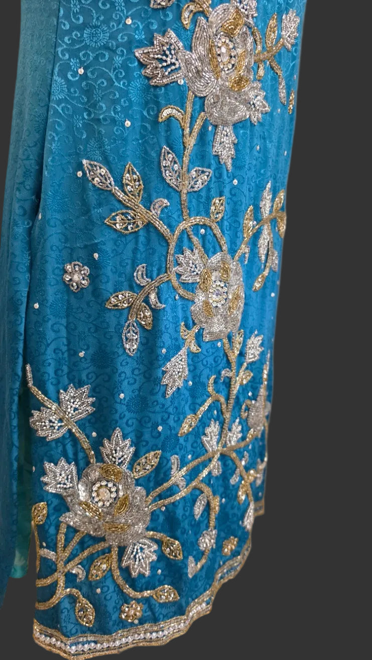 Teal Blue Beaded Floral Embroidered Sleeveless Midi Dress Side Slits