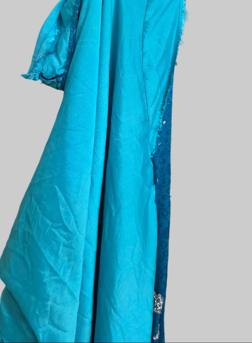 Teal Blue Beaded Floral Embroidered Sleeveless Midi Dress Side Slits