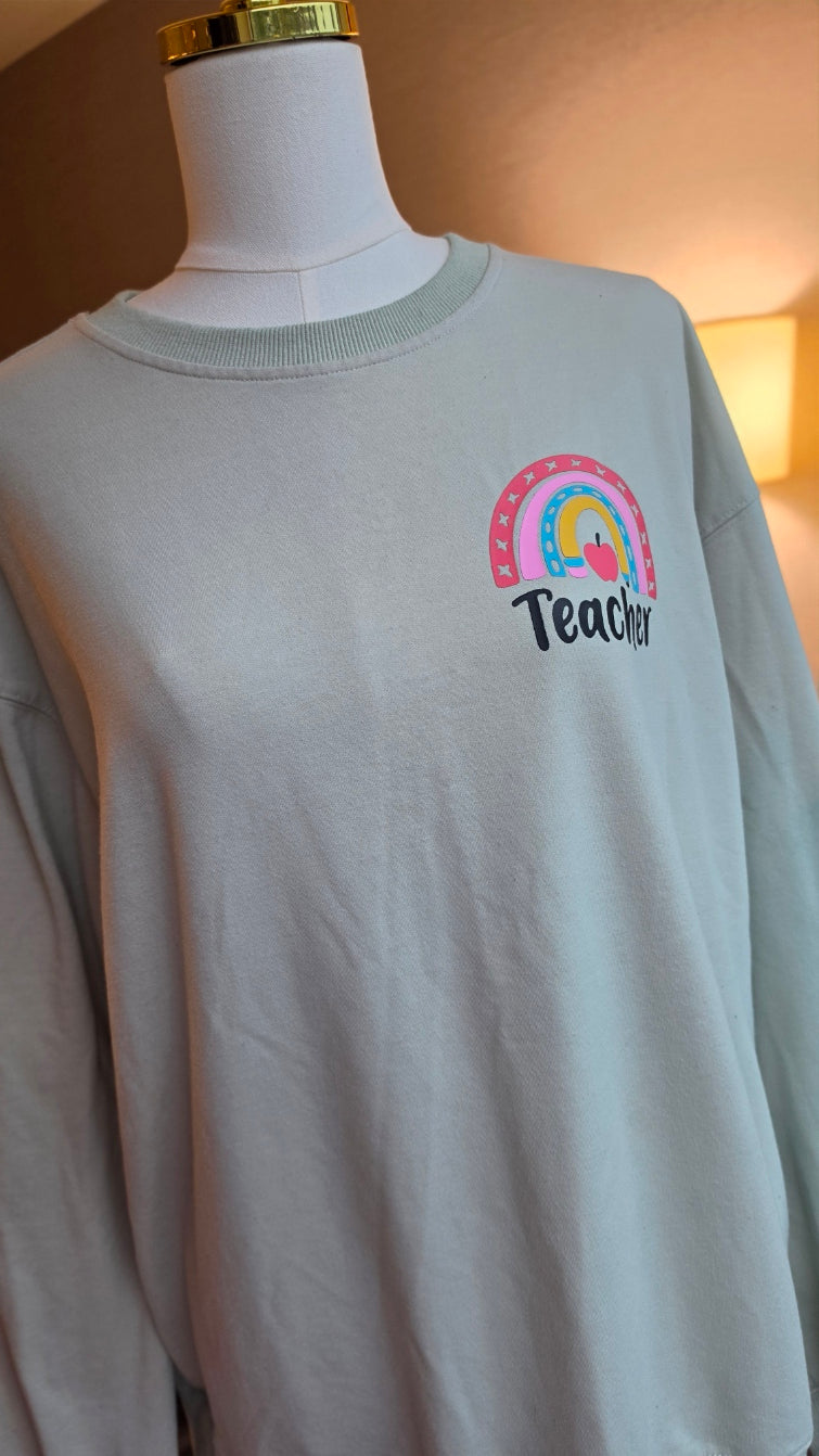 Pastel Rainbow Teacher Graphic Sweatshirt Mint Green Size M