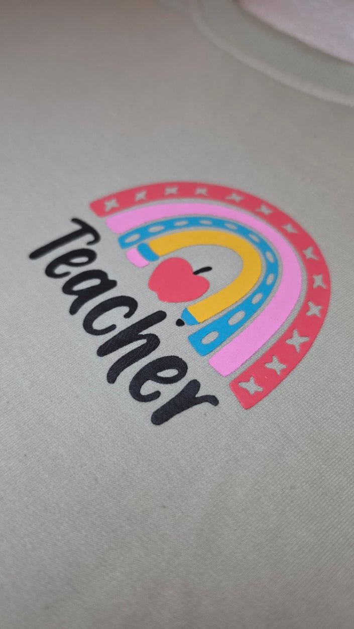 Pastel Rainbow Teacher Graphic Sweatshirt Mint Green Size M