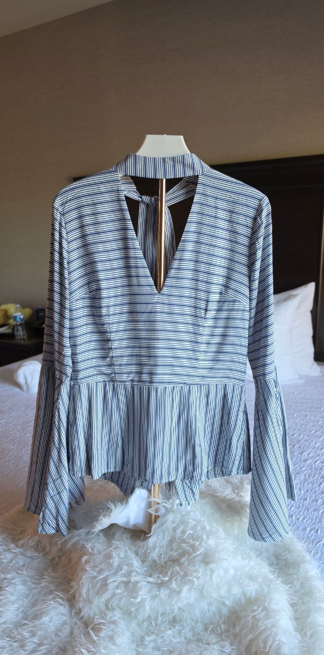 VENUS Blue & White Striped Bell Sleeve Peplum Blouse Size 2