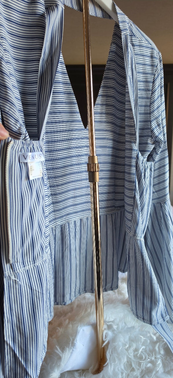 VENUS Blue & White Striped Bell Sleeve Peplum Blouse Size 2