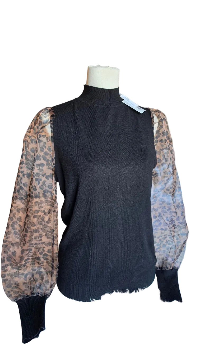 Black Leopard Sheer Sleeve Mock Neck Sweater Top – Size M NWT  Description: