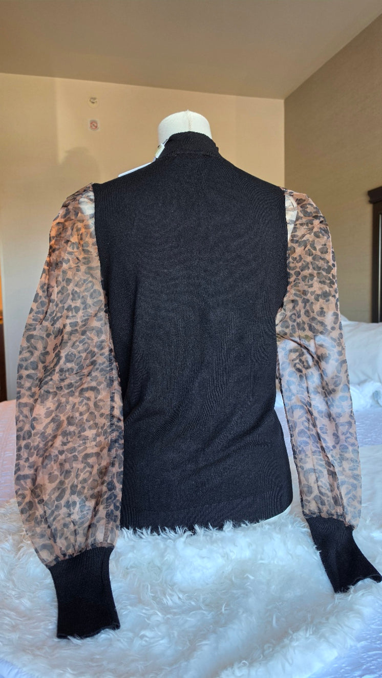 Black Leopard Sheer Sleeve Mock Neck Sweater Top – Size M NWT  Description: