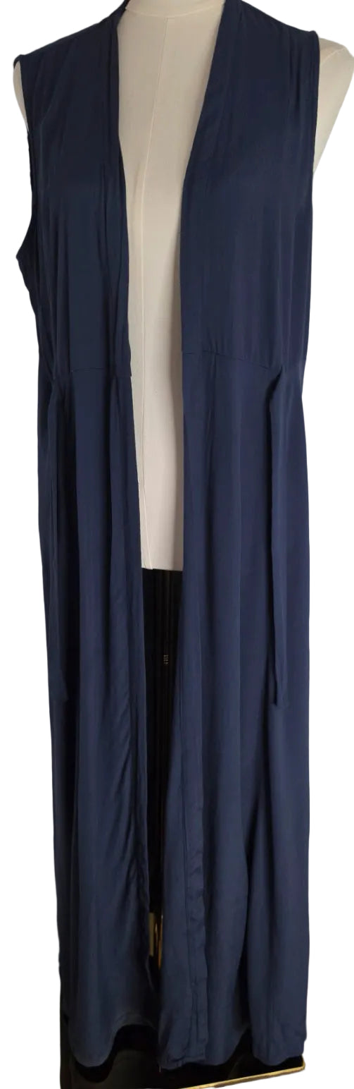 Navy Blue Sleeveless Maxi Duster Vest Tie Waist Open Front