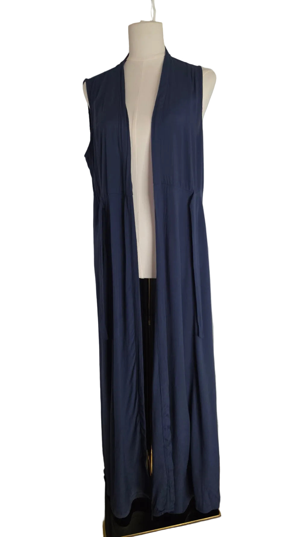 Navy Blue Sleeveless Maxi Duster Vest Tie Waist Open Front