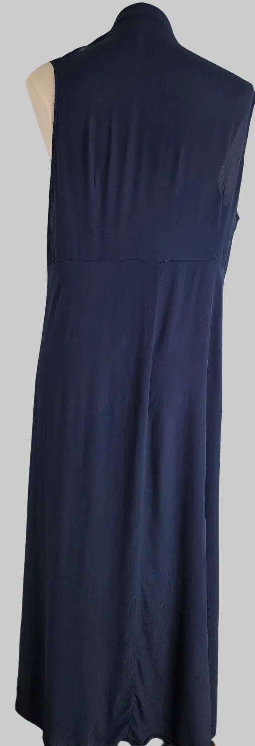 Navy Blue Sleeveless Maxi Duster Vest Tie Waist Open Front