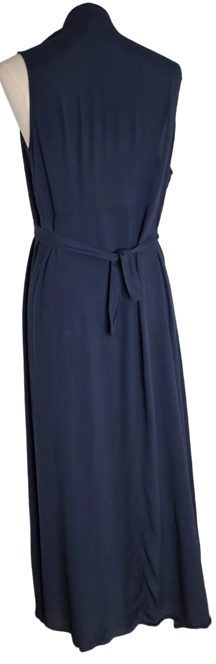 Navy Blue Sleeveless Maxi Duster Vest Tie Waist Open Front