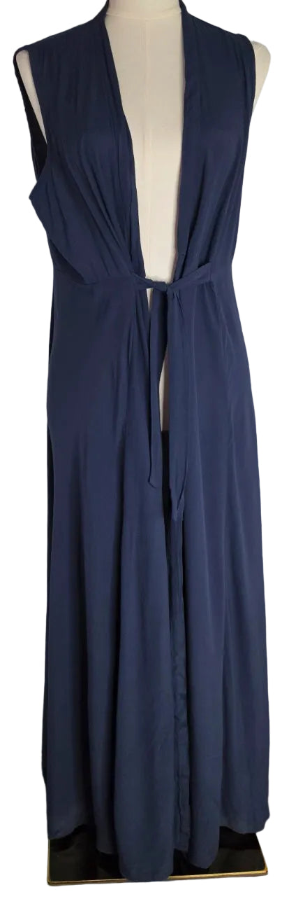 Navy Blue Sleeveless Maxi Duster Vest Tie Waist Open Front