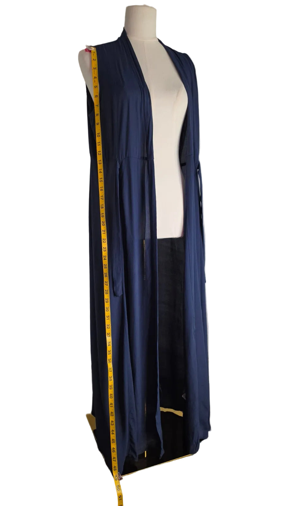 Navy Blue Sleeveless Maxi Duster Vest Tie Waist Open Front