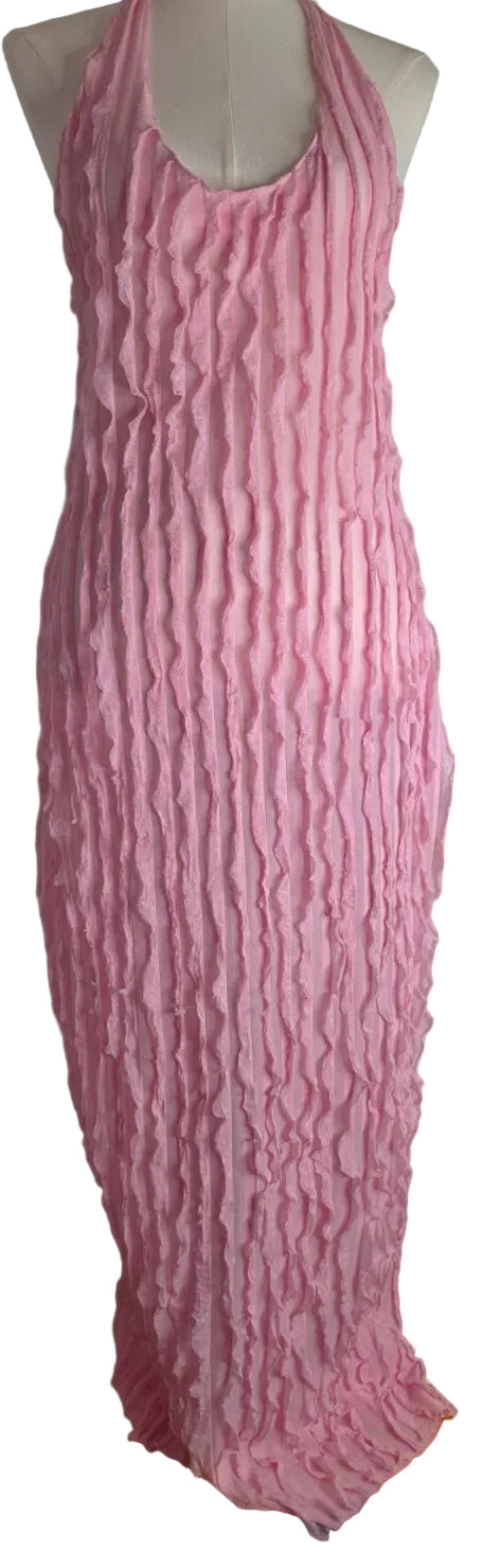 Micas Pink Sheer Ruffle Textured Halter Maxi Dress Open Back