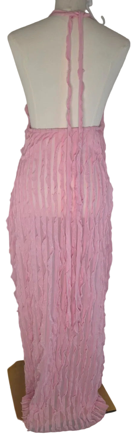 Micas Pink Sheer Ruffle Textured Halter Maxi Dress Open Back