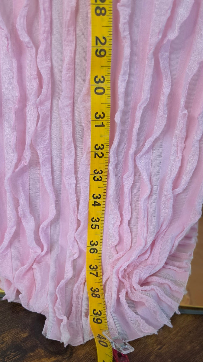 Micas Pink Sheer Ruffle Textured Halter Maxi Dress Open Back