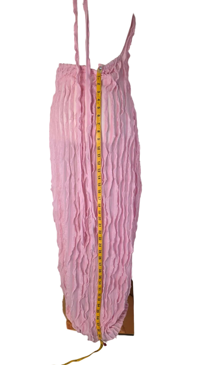 Micas Pink Sheer Ruffle Textured Halter Maxi Dress Open Back