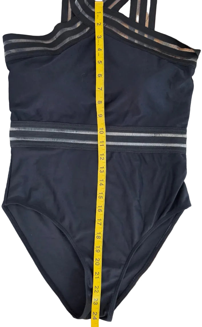 Emme Jordan Women’s Large Black One Piece Swimsuit Criss Cross Mesh Stripe
