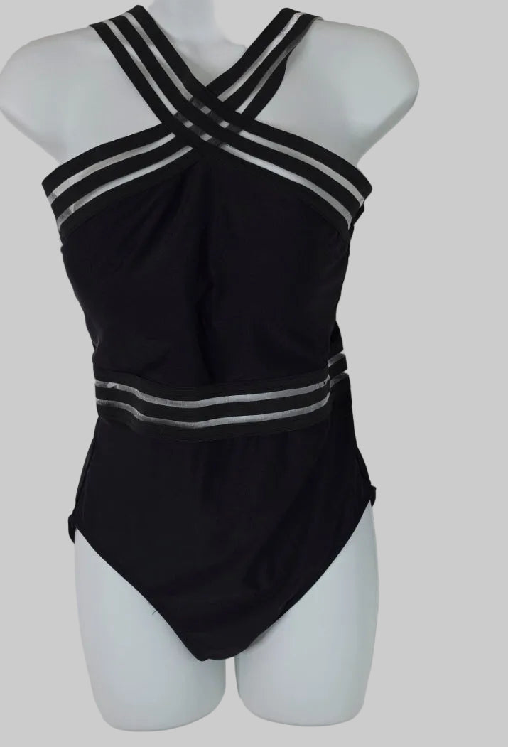 Emme Jordan Women’s Large Black One Piece Swimsuit Criss Cross Mesh Stripe