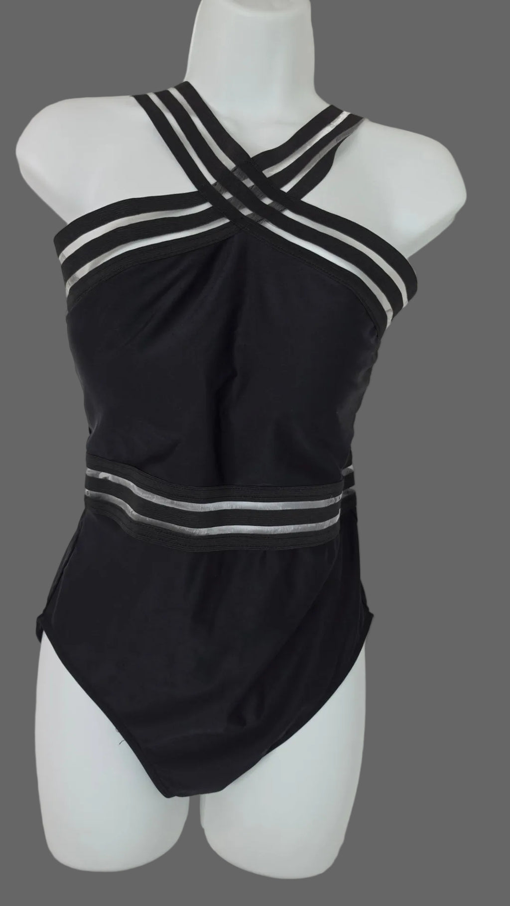Emme Jordan Women’s Large Black One Piece Swimsuit Criss Cross Mesh Stripe