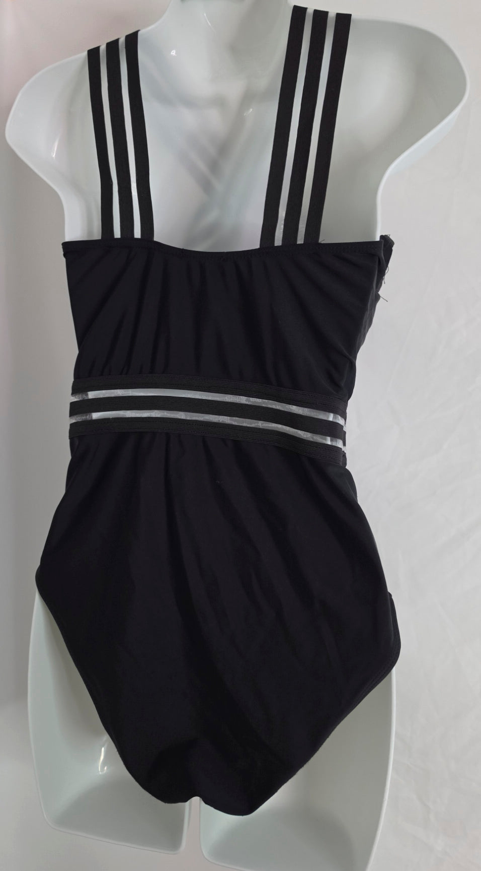 Emme Jordan Women’s Large Black One Piece Swimsuit Criss Cross Mesh Stripe