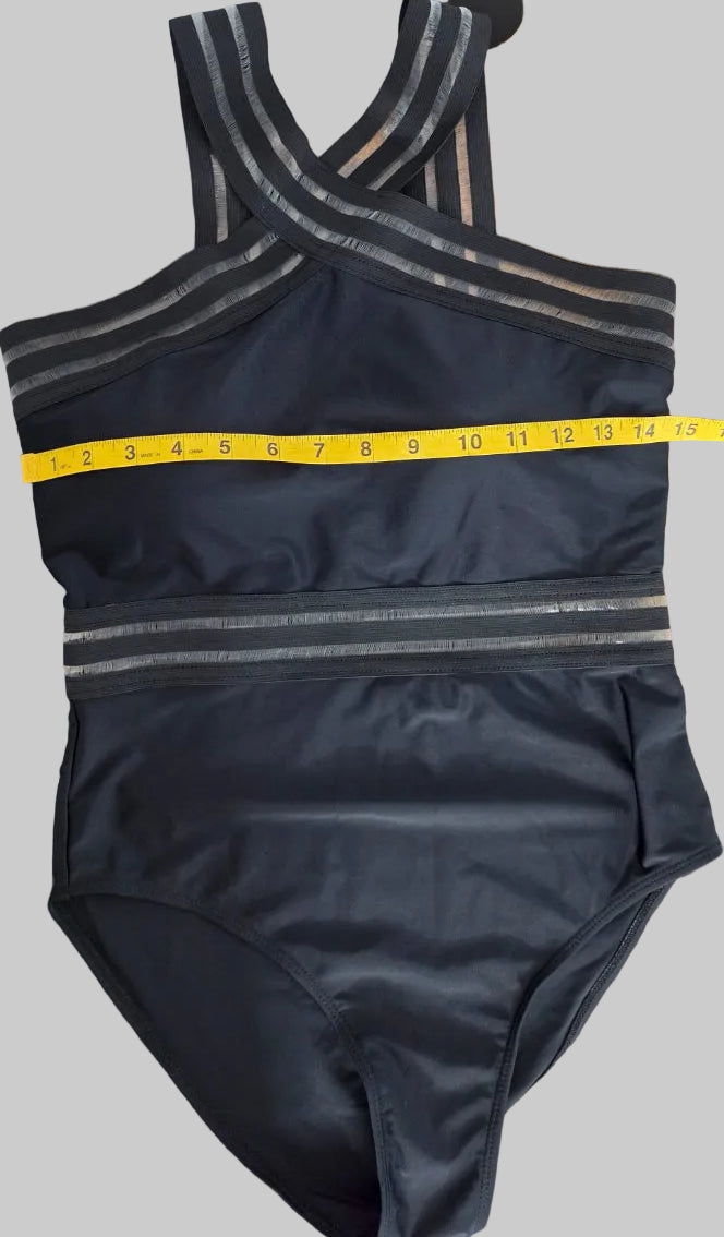 Emme Jordan Women’s Large Black One Piece Swimsuit Criss Cross Mesh Stripe