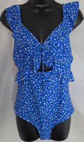 Blue Floral Ruffle One Piece Swimsuit Size L Cutout Tie Front Open Back