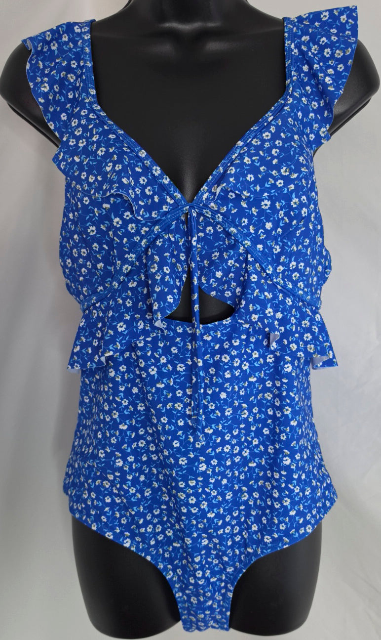 Blue Floral Ruffle One Piece Swimsuit Size L Cutout Tie Front Open Back