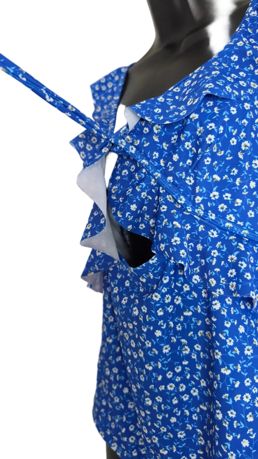 Blue Floral Ruffle One Piece Swimsuit Size L Cutout Tie Front Open Back