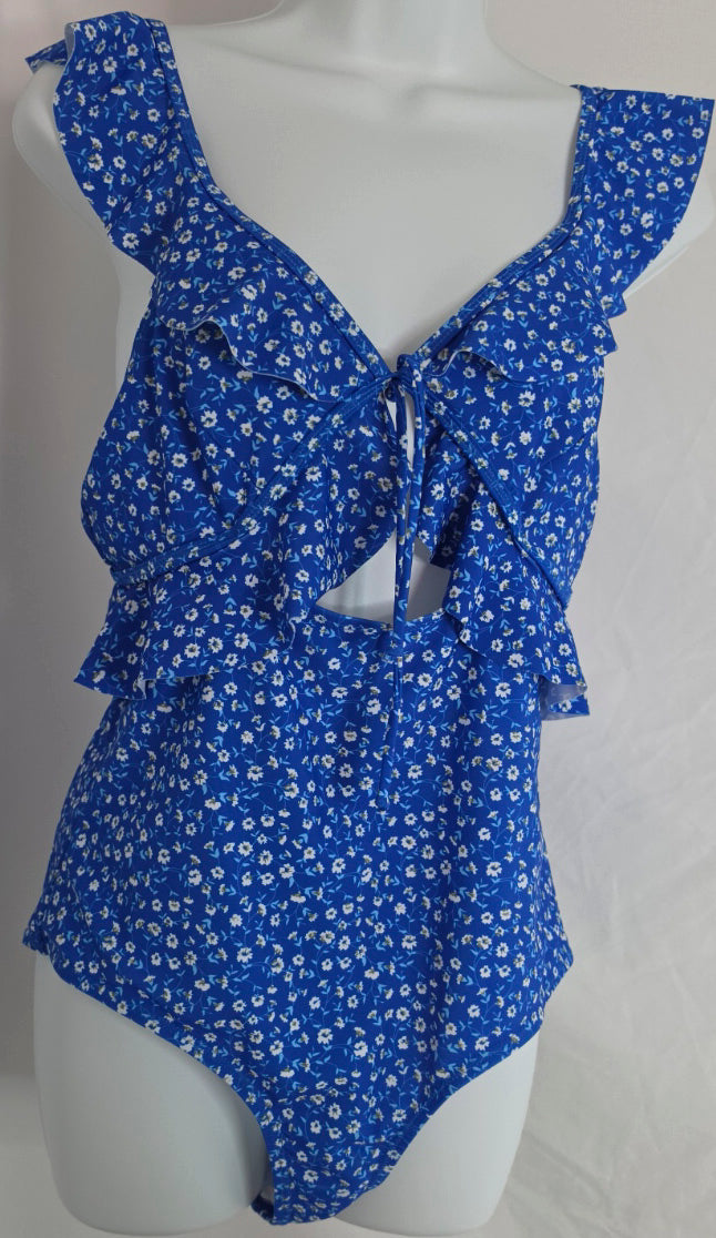 Blue Floral Ruffle One Piece Swimsuit Size L Cutout Tie Front Open Back