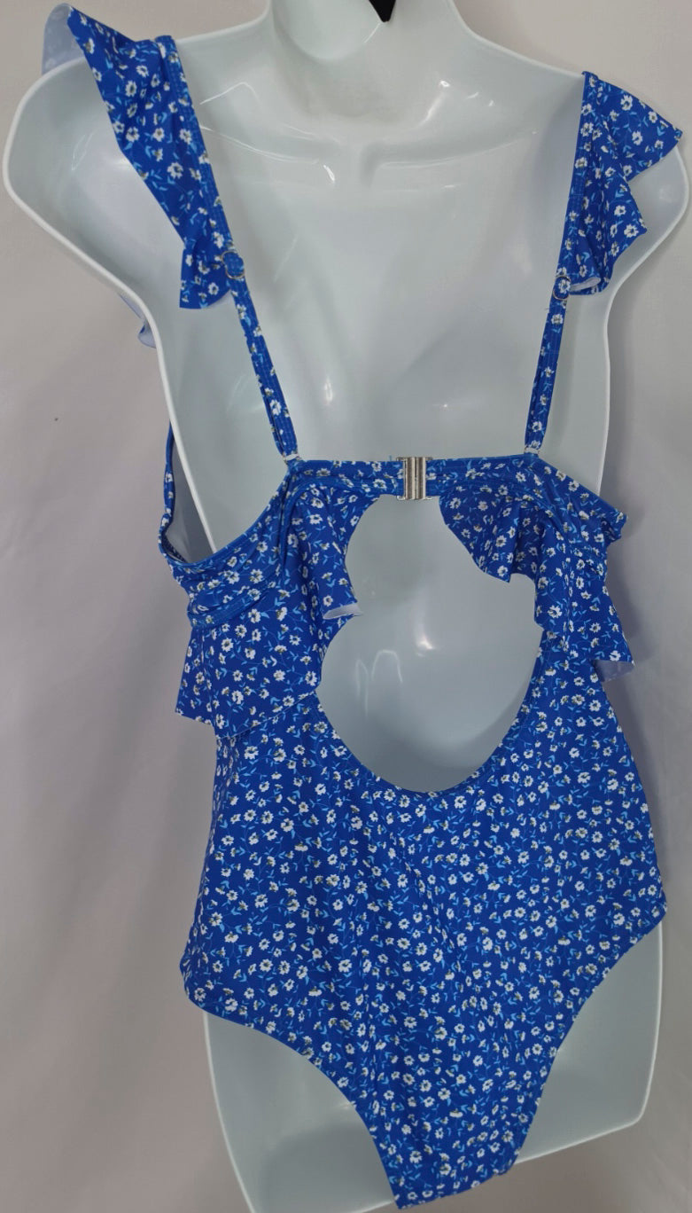 Blue Floral Ruffle One Piece Swimsuit Size L Cutout Tie Front Open Back