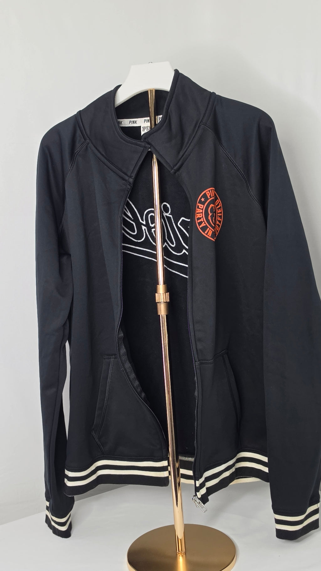 Victoria’s Secret PINK Full Zip Jacket Large Black Orange Varsity Track Y2K