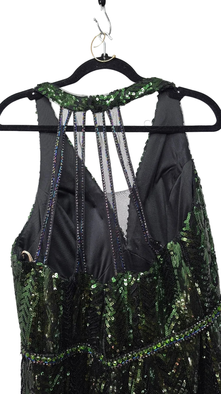 Faviana Green Black Sequin Beaded Halter Formal Gown Evening Prom Dress
