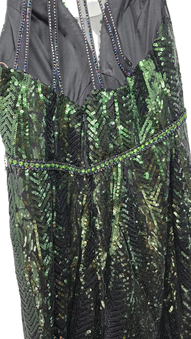 Faviana Green Black Sequin Beaded Halter Formal Gown Evening Prom Dress