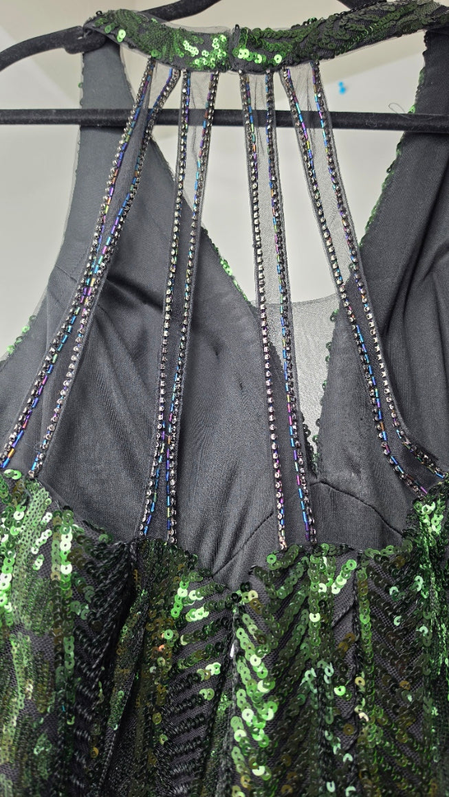 Faviana Green Black Sequin Beaded Halter Formal Gown Evening Prom Dress