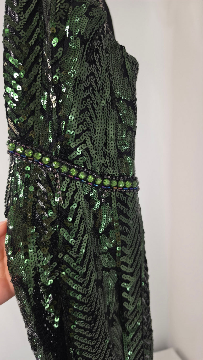 Faviana Green Black Sequin Beaded Halter Formal Gown Evening Prom Dress