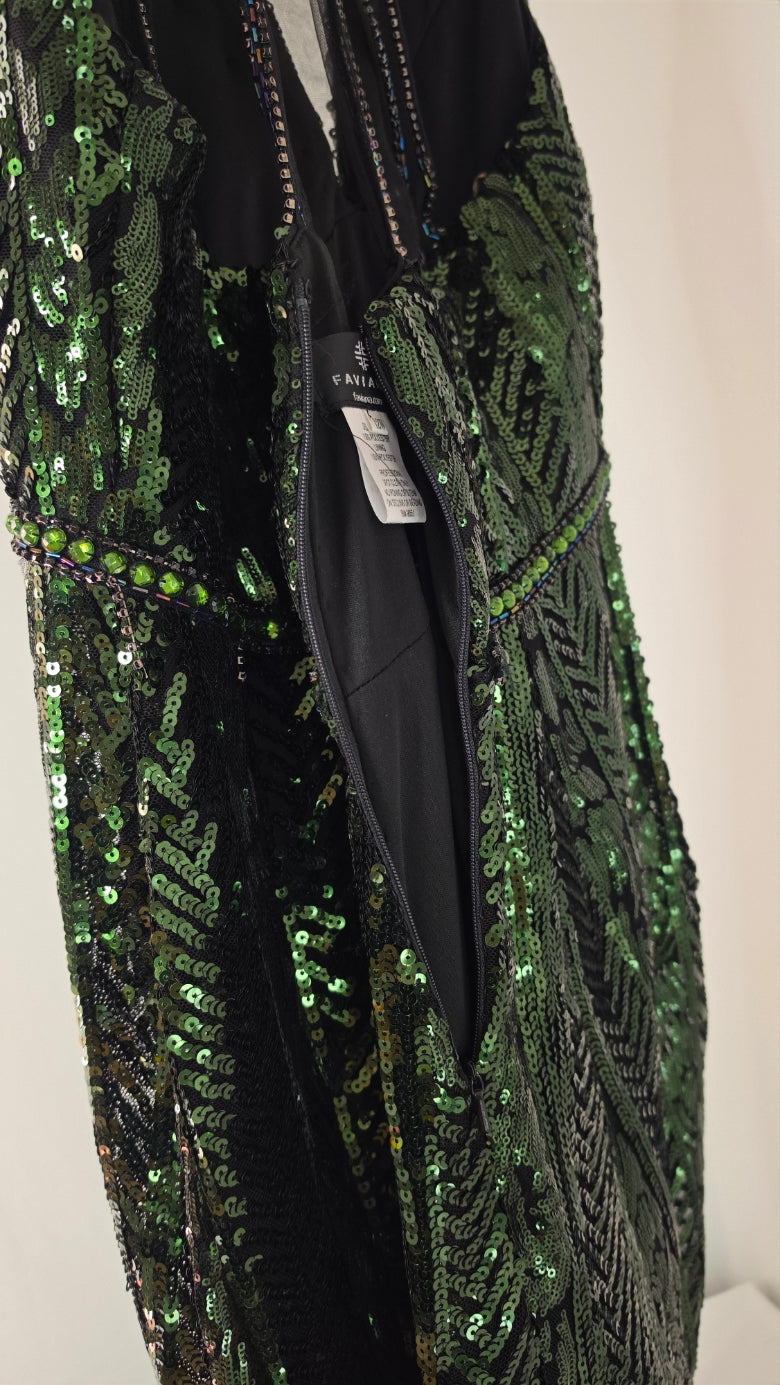Faviana Green Black Sequin Beaded Halter Formal Gown Evening Prom Dress