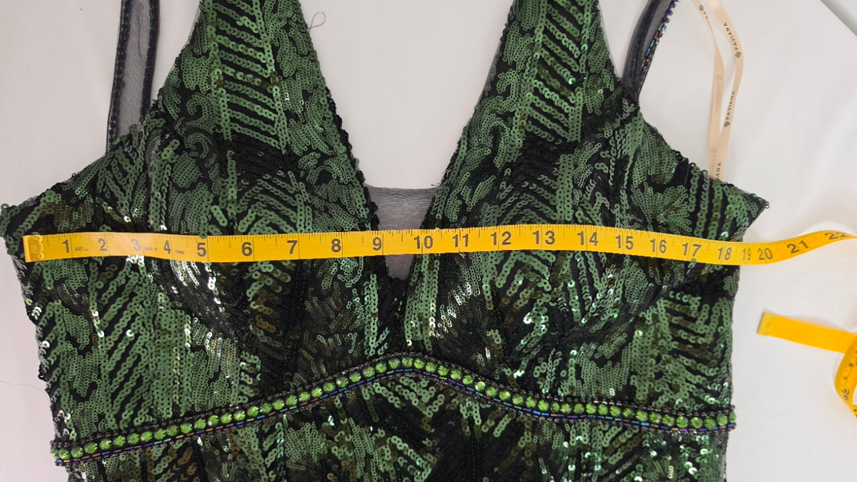 Faviana Green Black Sequin Beaded Halter Formal Gown Evening Prom Dress