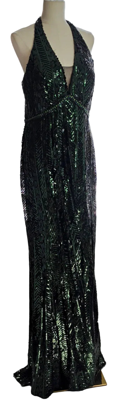 Faviana Green Black Sequin Beaded Halter Formal Gown Evening Prom Dress