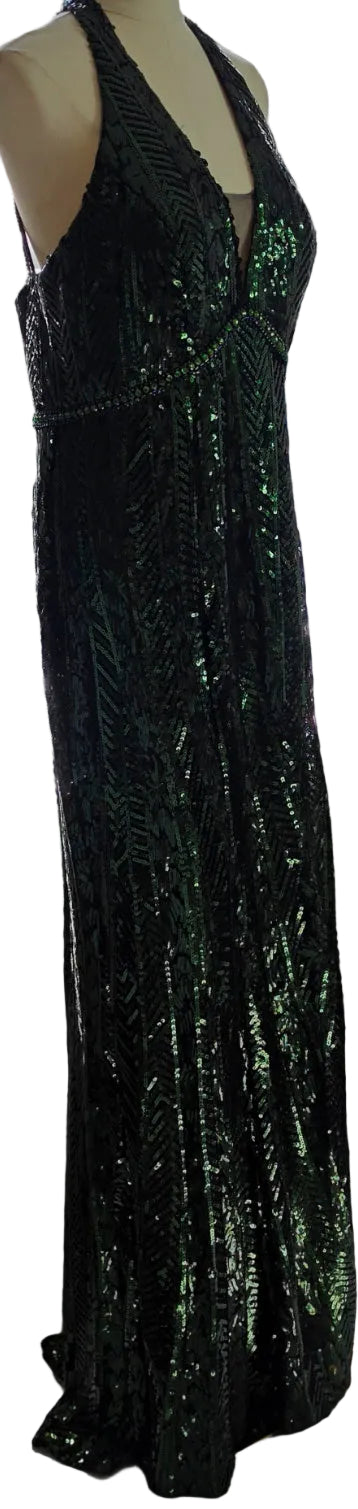 Faviana Green Black Sequin Beaded Halter Formal Gown Evening Prom Dress
