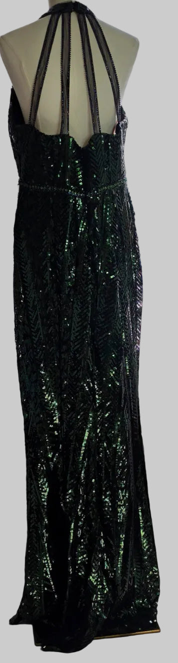 Faviana Green Black Sequin Beaded Halter Formal Gown Evening Prom Dress
