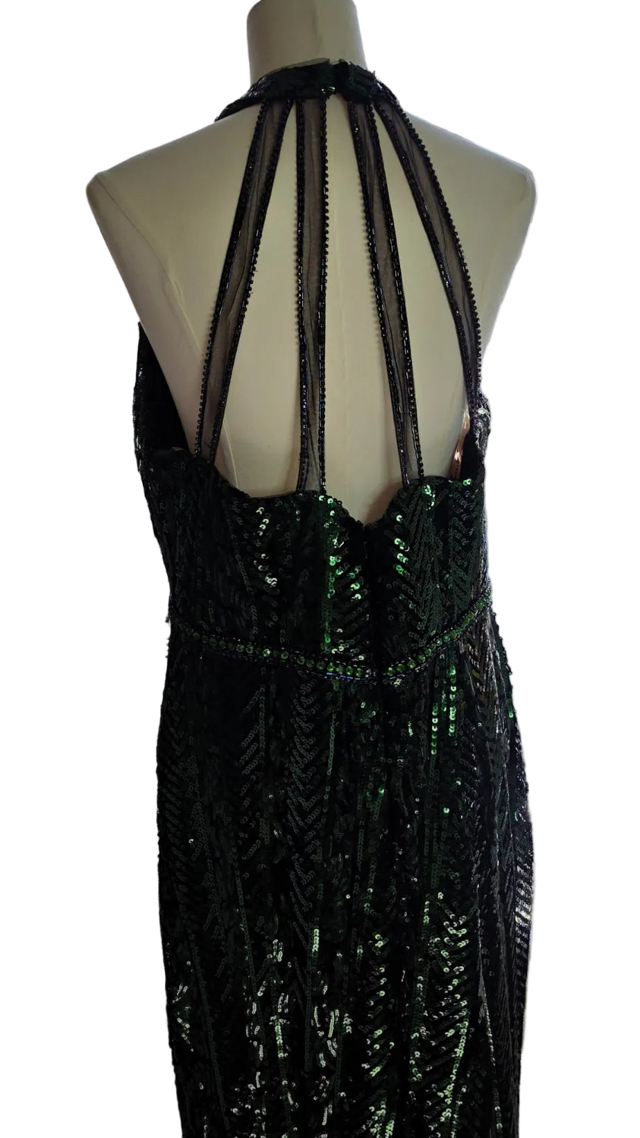 Faviana Green Black Sequin Beaded Halter Formal Gown Evening Prom Dress