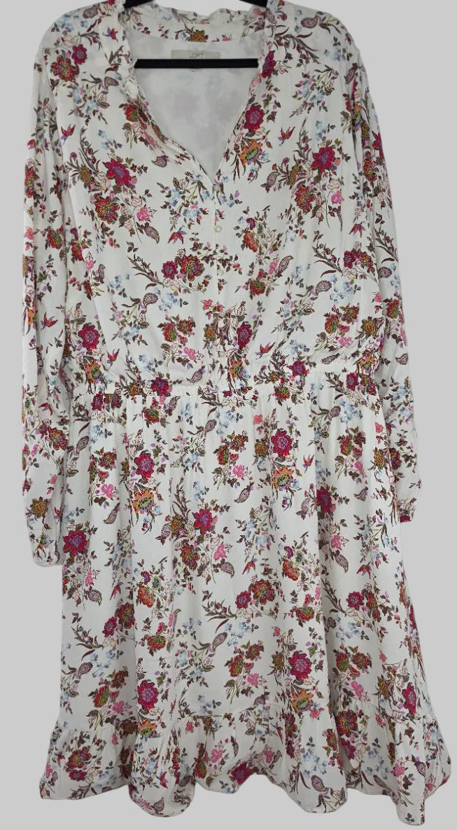 LOFT Plus Size 22 Ivory Floral Long Sleeve Dress